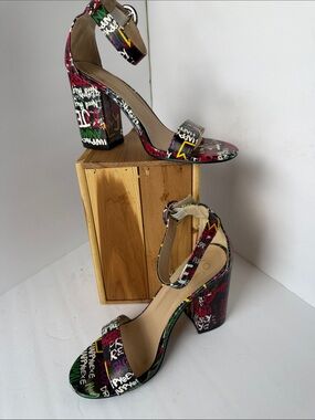 Yoki Graphic Multi-Color Block Heel Sandals with Ankle Strap Size 8